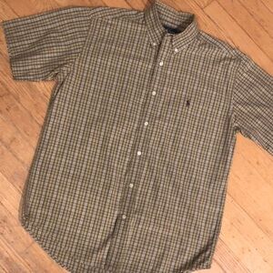 🌴RALPH LAUREN SHORT-SLEEVED BUTTON-DOWN SHIRT - OLIVE AND TAN - MENS M🌴